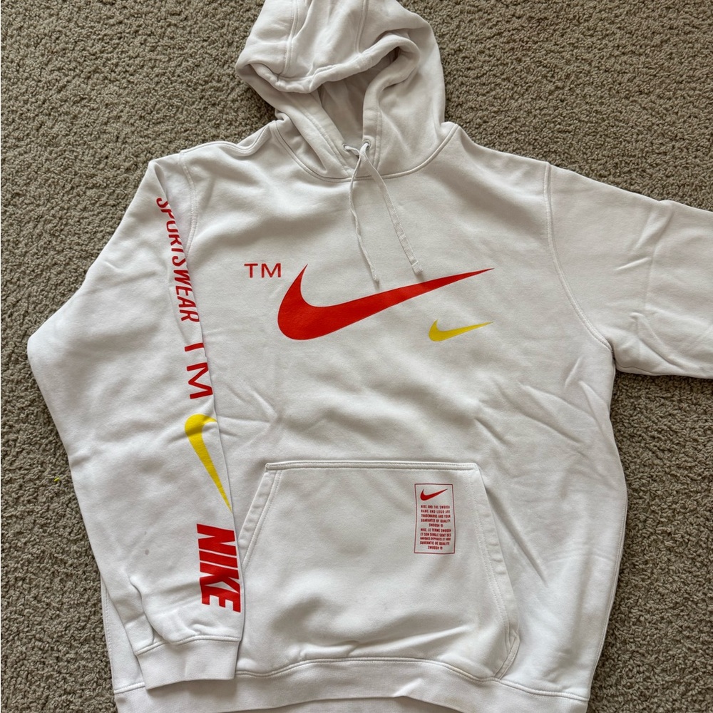 Nike Sportswear Men's White Hoodie with Red and Yellow Logos